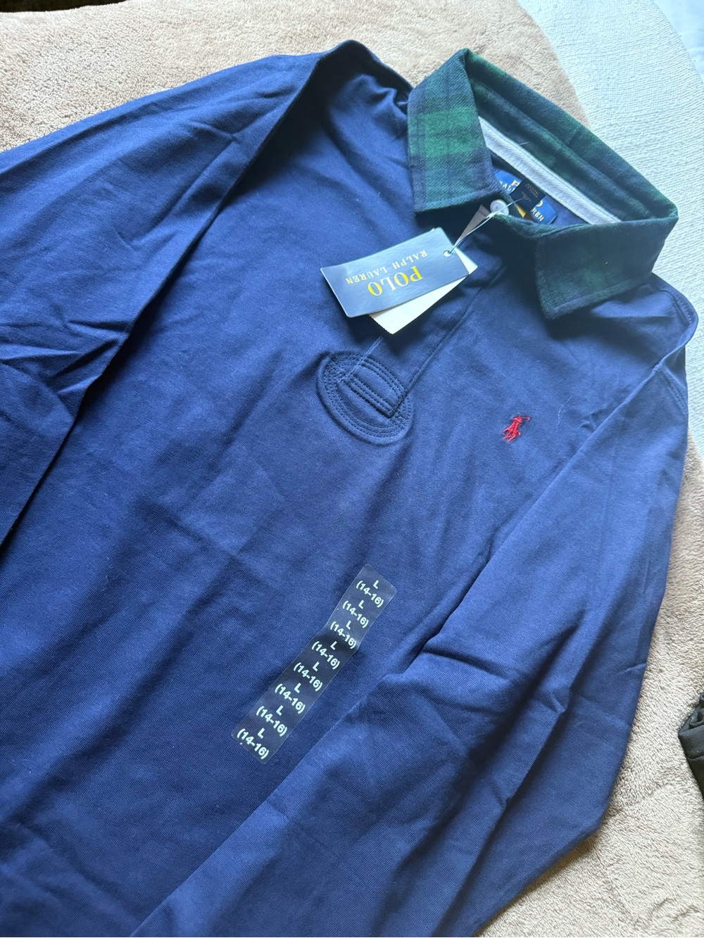 Ralph Lauren Navy Rugby Shirt with Green Plaid Collar and Red Pony